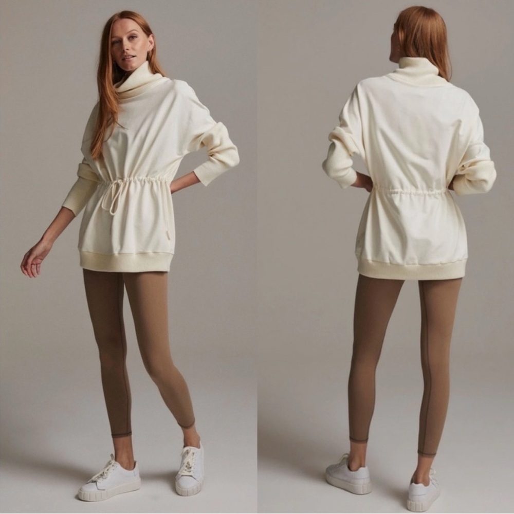 Varley Adeline in Ivory/Cream Ribbed Knit Funnel Mock Neck Drawstring Sweatshirt
